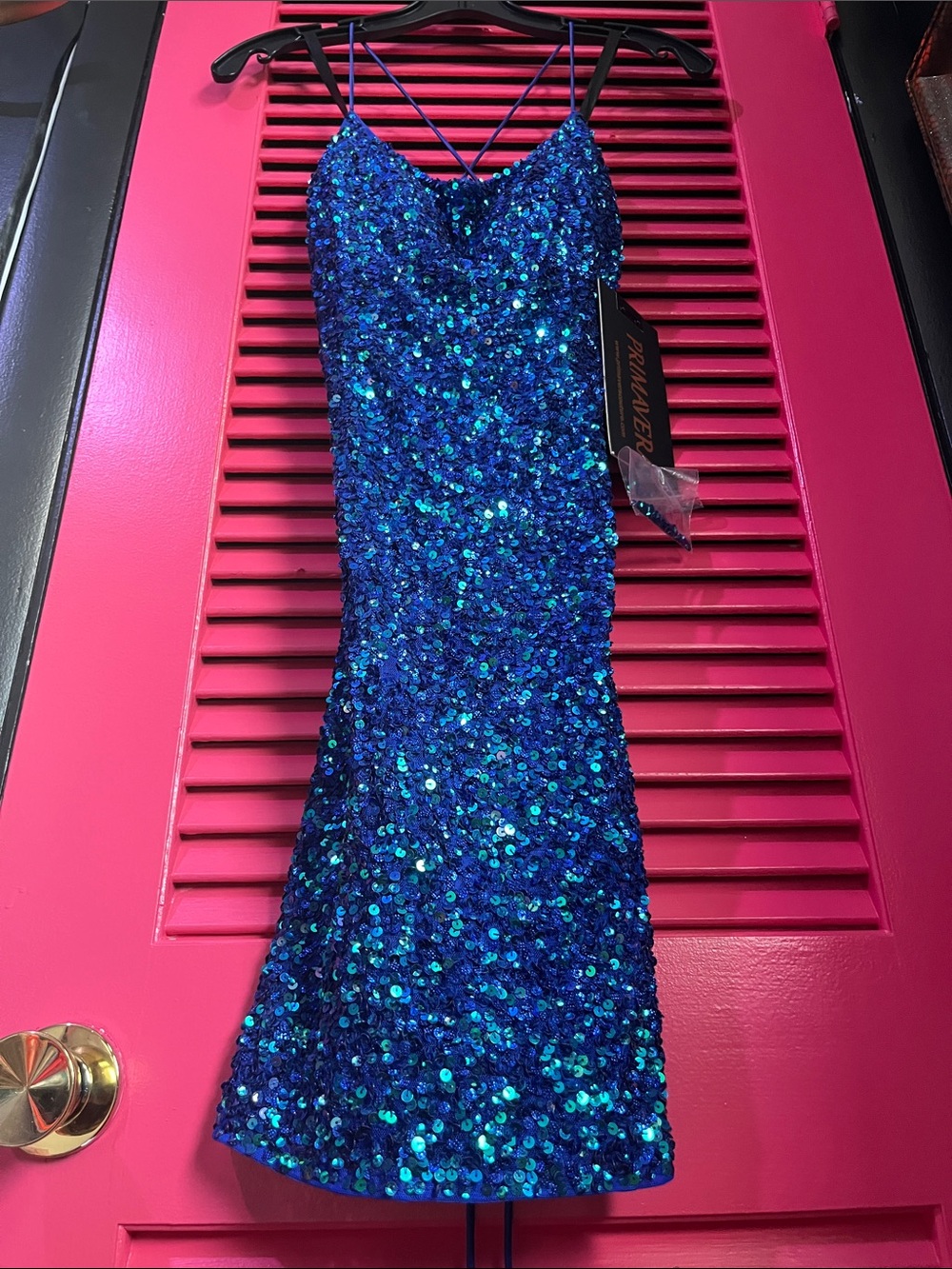 Primavera Couture Blue Sequin Strappy Prom Dress